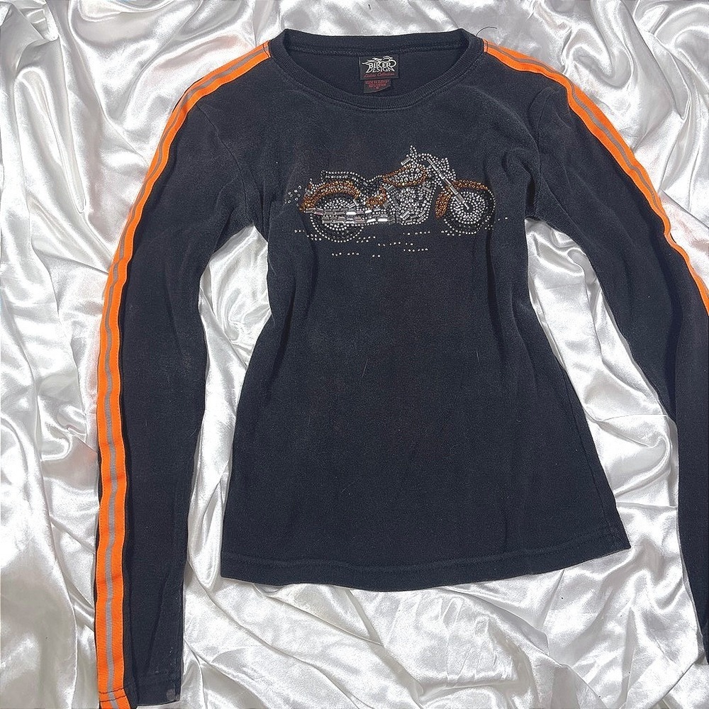 y2k Long Sleeve Top Black Good Rhinestone Motorcycle Biker Design Racing Stripe